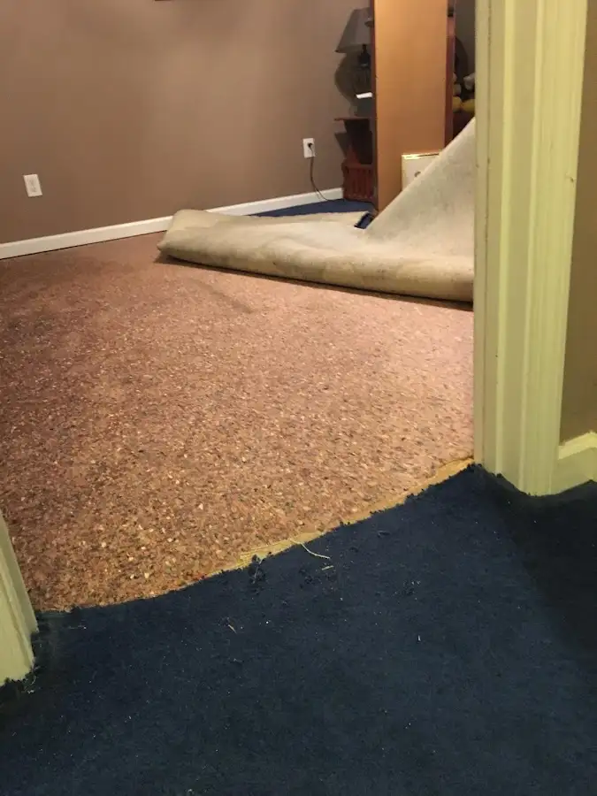 Carpet pad removal revealing water damage during Water Mitigation Services in Nampa